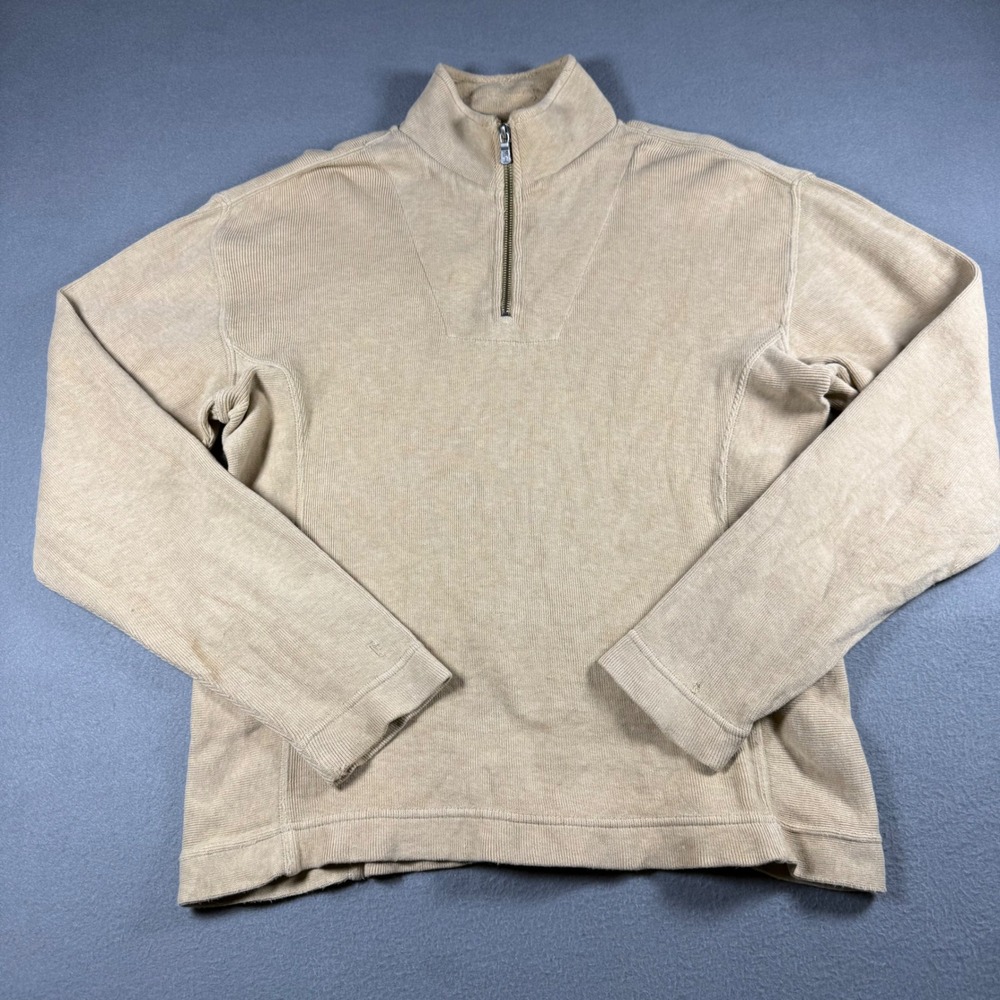 Tommy Bahama Womens XS Quarter Zip Pullover Beige Ribbed Cotton Blend Sweater